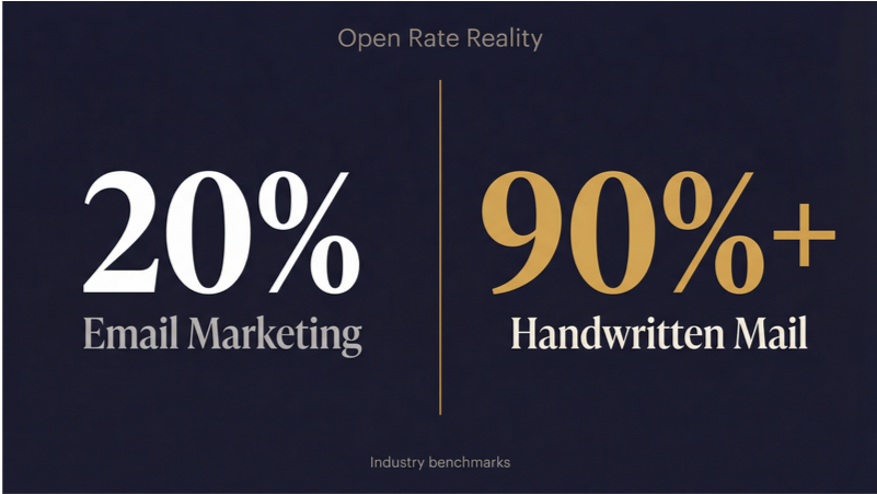 Email marketing is opened up 20% of the time, while handwritten mail gets opened 90%+